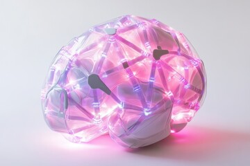 A glowing futuristic brain representation with translucent surfaces interconnected lines