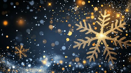glowing snowflake decoration, golden light trail effect, sparkling bokeh elements, transparent dark background, magical dust particles, ethereal light orbs, celestial holiday design, shimmering