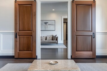 A walnut double door leading into a bright modern living room with minimalist decor.