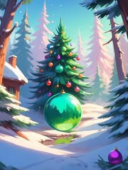 Christmas background with green spruce and fairy ball decorations
