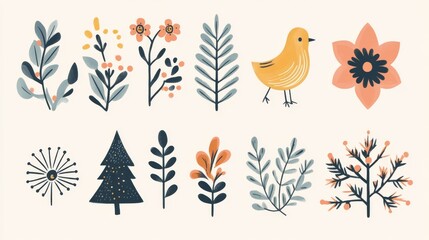Naklejka premium retro christmas elements set, block print technique, traditional holiday symbols, nostalgic winter motifs, decorative seasonal items, textured stamp effect, scandinavian folk art style, pastel color