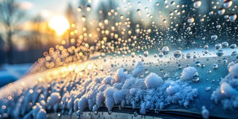 Snow-Covered Car Windshield with Melting Snow Drops, Blurred Winter Background, Evoking a Cozy Atmosphere, Ideal for Seasonal Themes and Winter Imagery with Copy Space