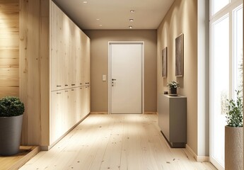 A modern hallway featuring light pine wood floors and a minimalist white entrance door.
