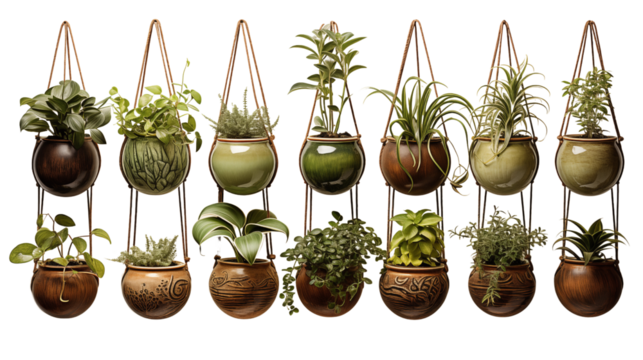 A stunning collection of hanging plants in boho macrame holders. Adds a natural and calming vibe to any space, isolated on transparent background.