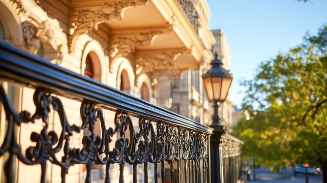 Wrought Iron Elegance: A close-up of a beautifully crafted wrought iron fence, adorned with intricate details, stands in front of a stately building.