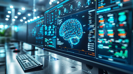 Neural Network Interface: Futuristic brain data visualization on high-tech computer monitors in a modern server room.