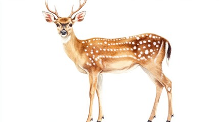 Gentle spotted deer watercolor illustration, light brown fur texture, white dappled spots pattern, elegant antlers, soft cream underbelly, large expressive eyes, slender legs with black hooves,