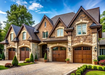 Stunning Macro Photography of a Luxurious House with Two Garages, Emphasizing Architectural Details and Surrounding Landscaping in a Serene Neighborhood