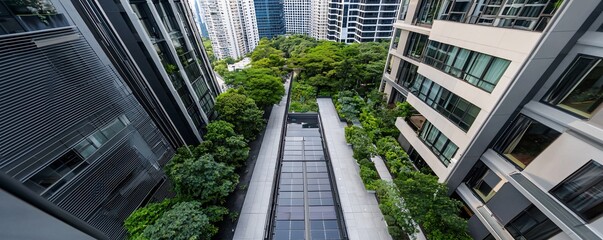 An urban rooftop garden integrated with solar panels and rainwater collection systems.