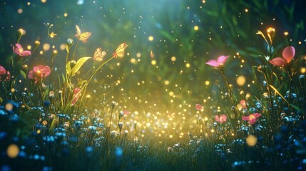 Enchanted Meadow with Glowing Lights and Butterflies