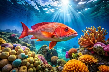Naklejka premium Stunning Redfish Swimming Gracefully in Crystal Clear Waters with Vibrant Coral Reef, Ideal for Nature and Aquatic Life Enthusiasts, Perfect for Commercial and Editorial Use