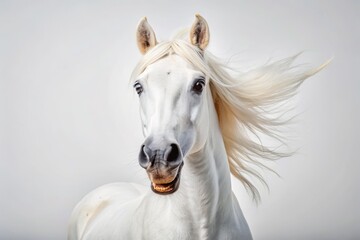 Obraz premium Surprised White Horse Portrait for Veterinary Clinic or Pet Store Advertising Banner with Bright White Background, Showcasing the Beauty and Health of Equine Companions