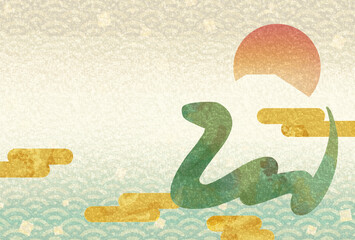 巳年の和風な年賀状テンプレート横型2（挨拶文なし）　蛇　富士山　日の出　雲