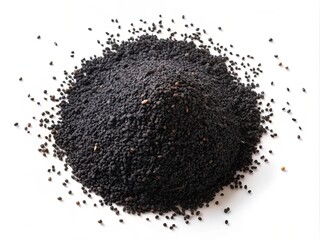 Top View Flat Lay of Black Sesame Powder Isolated on White Background &ndash; A Heap of Nutrient-Rich Black Sesame for Culinary and Health Uses