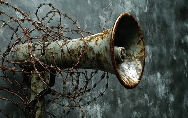 A detailed close-up of a megaphone entangled with barbed wire, symbolizing restriction and tension, with a dark, moody gray background for added impact.