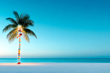 Obraz premium A serene beach scene featuring a decorated palm tree under a clear blue sky, symbolizing relaxation and tropical vibes.