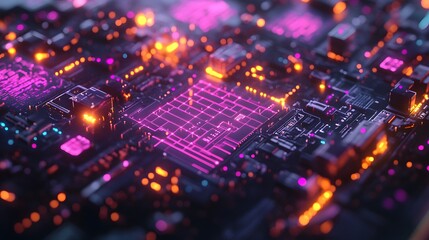 Fototapeta premium Abstract Futuristic Circuit Board Neon Lights Glow