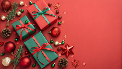 Festive red and green presents adorned with ribbons, surrounded by Christmas ornaments on a vibrant red backdrop, conveying a joyful holiday spirit