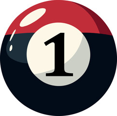 Illustration of a sphere with a number "1, one" highlighted in the center. Snooker ball style in red, black and white.