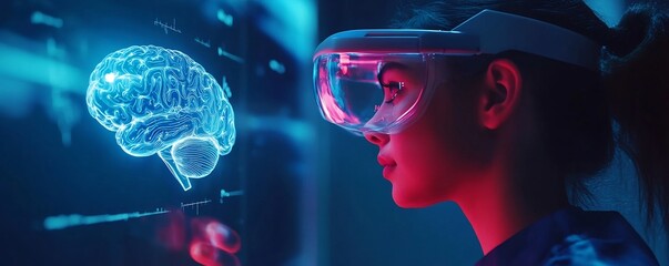 Naklejka premium Futuristic Medical Student Studying Holographic Brain with Stroke Prevention