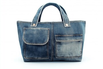 Naklejka premium Handmade cotton bag made from old jeans and mobile phone inside it. DIY concept. Recycled idea. Reusable bag for groceries and shopping or put things. Eco Friendly. Top view, flat lay .