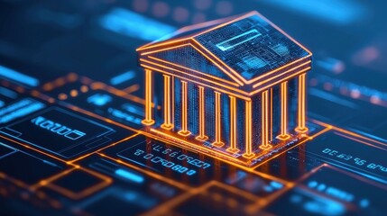 A digital representation of a bank, highlighted with glowing lines, set against a futuristic technological background.