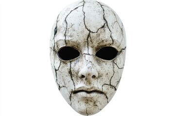 A white featureless mask with realistic cracks and darkened edges giving it an eerie and aged appearance