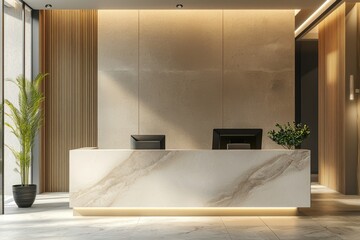 Reception desk and view on hallway in modern hotel.