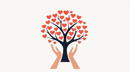 Loving Hands Creating Tree of Charity - Abstract Illustration with Heart Leaves