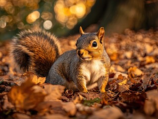 Fototapeta premium Autumn Squirrel in Golden Leaves 