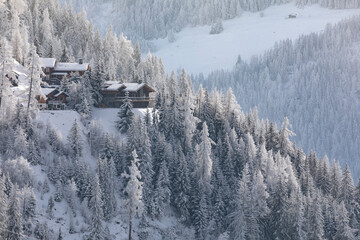 snow covered mountain chalet skiing