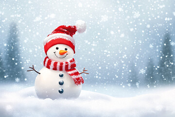 Obraz premium a cheerful snowman with a red scarf and hat standing in a snowy field with soft falling snowflakes in a festive atmosphere 