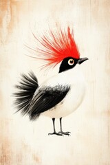 Fototapeta premium Minimalist kagu bird illustration with red crest on a beige textured background, serene and detailed, ideal for nature-inspired spaces and bird-themed prints..