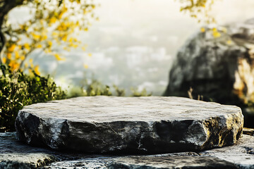 Obraz premium Stone Podium in Sunny Field: Perfect Natural Backdrop for Product Presentation