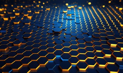 Naklejka premium Futuristic blue and gold hexagonal pattern with glowing highlights