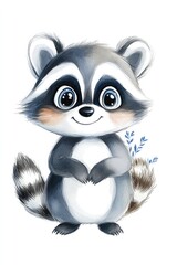 Obraz premium Adorable cartoon raccoon illustration on a white background with soft foliage accents, playful and cheerful, perfect for kids spaces and animal-themed decor..