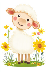 Fototapeta premium Adorable lamb illustration surrounded by yellow flowers on a white background, cheerful and whimsical, ideal for spring-themed decor and kids spaces..