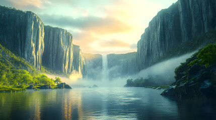 Fototapeta premium Misty Mountain Waterfall Landscape - 3D Illustration