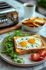 Toaster with warm toast and a plate of sides creating a cozy breakfast vibe
