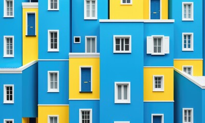 Naklejka premium Colorful geometry: bright blue and yellow building facade with windows and doors