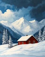 Fototapeta premium A cozy red cabin nestled in a snowy landscape, surrounded by towering mountains and trees under a dramatic sky.