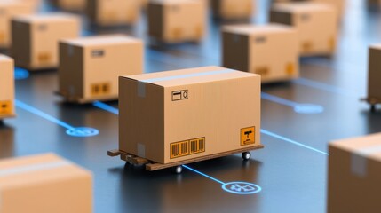 A 3D illustration of a shipment of boxes on a networked surface, highlighting logistics and delivery processes.