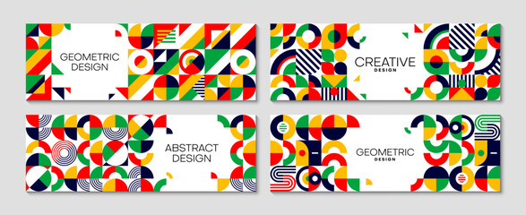 Obraz premium Business horizontal banners with abstract modern geometric bauhaus pattern mixing red, blue, yellow and green colored shapes. Vector dynamic cover templates for contemporary branding and advertising