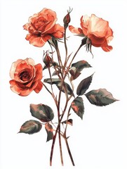 A trio of coral roses, their petals unfurling in a soft, painterly style, creates a bouquet of understated beauty.  Isolated on a white background 