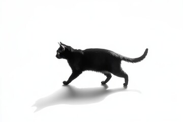 Black cat walking sideways Isolated on a white background