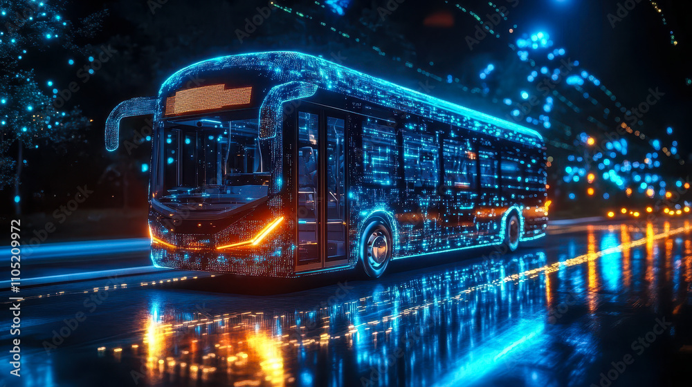 Poster futuristic smart bus with ai-driven data streams enhancing urban mobility and efficiency