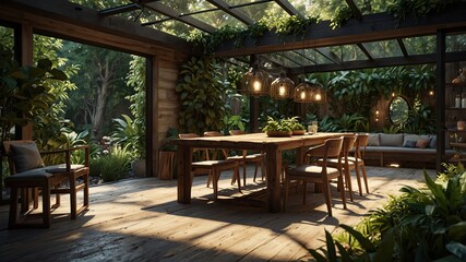 Obraz premium Outdoor-inspired dining area with a glass roof