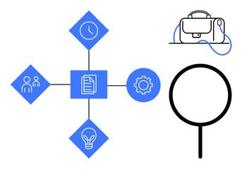 Blue and black vector icons showing a clock, team, document, gear, and light bulb. Additional magnifying glass and briefcase. Ideal for business strategy, project management, productivity tools