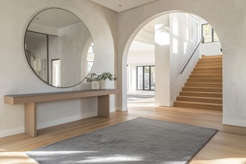 Minimalist entryway with gray rug, large round mirror, and light oak console table.