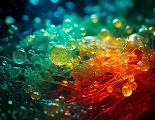 A vibrant abstract representation of molecular structures with glowing spheres and intricate connections in a gradient of colors.